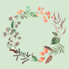 Fototapeta premium Romantic floral frame of leaves in watercolor