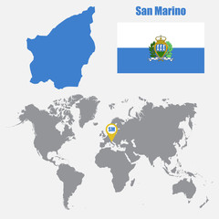 Fototapeta premium San Marino map on a world map with flag and map pointer. Vector illustration