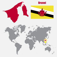 Brunei map on a world map with flag and map pointer. Vector illustration