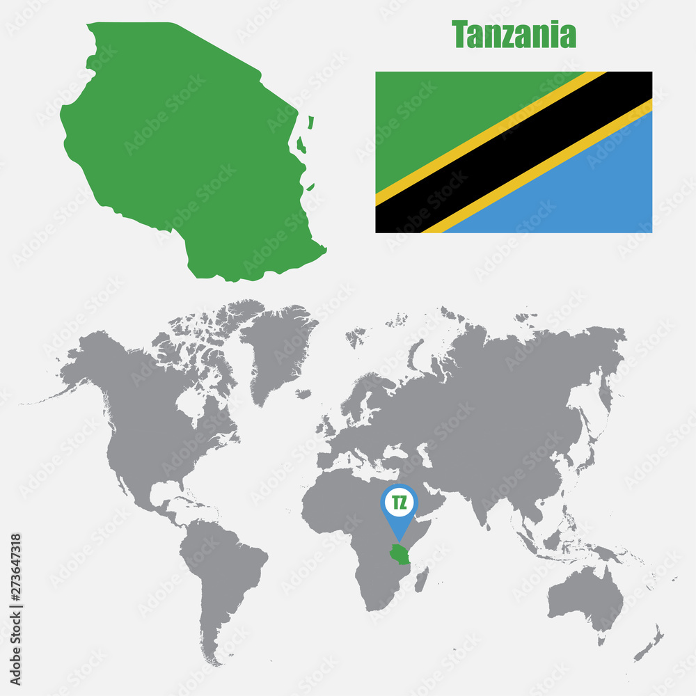 Aufkleber Tanzania map on a world map with flag and map pointer. Vector illustration