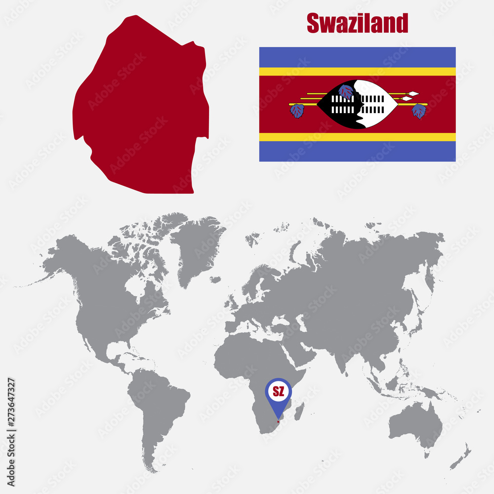 Poster Swaziland map on a world map with flag and map pointer. Vector illustration