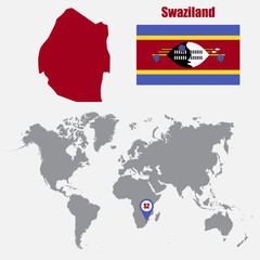 Swaziland map on a world map with flag and map pointer. Vector illustration