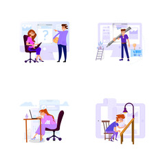A set of business scenes with tiny men and women in the office for work and with clients.