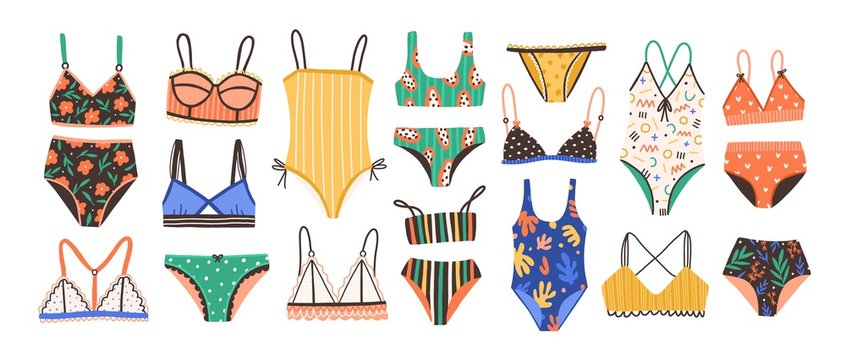 Collection of stylish women's lingerie and swimwear isolated on white background. Set of fashionable underwear and swimsuits or bikini tops and bottoms. Flat cartoon colorful vector illustration.