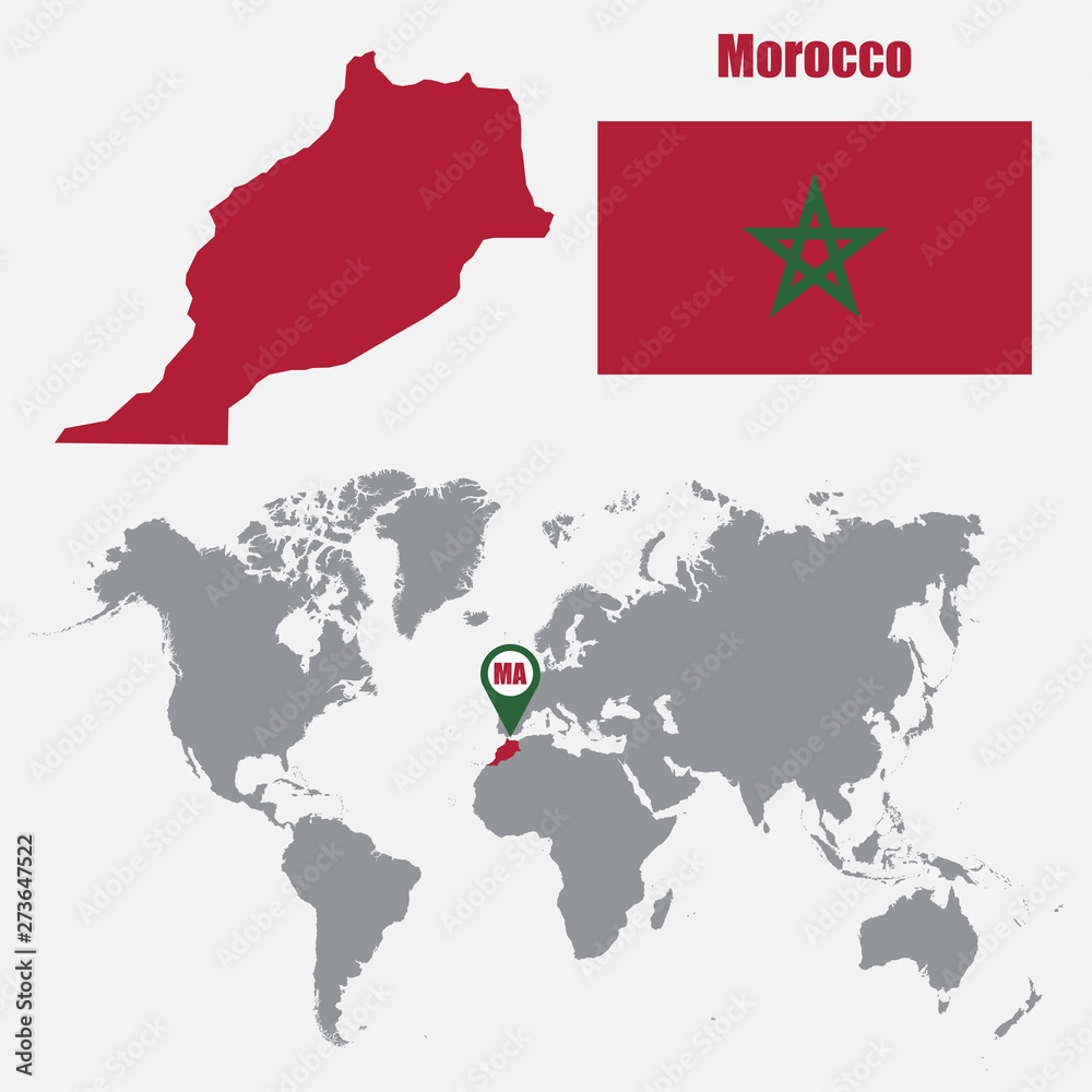 Poster Morocco map on a world map with flag and map pointer. Vector illustration