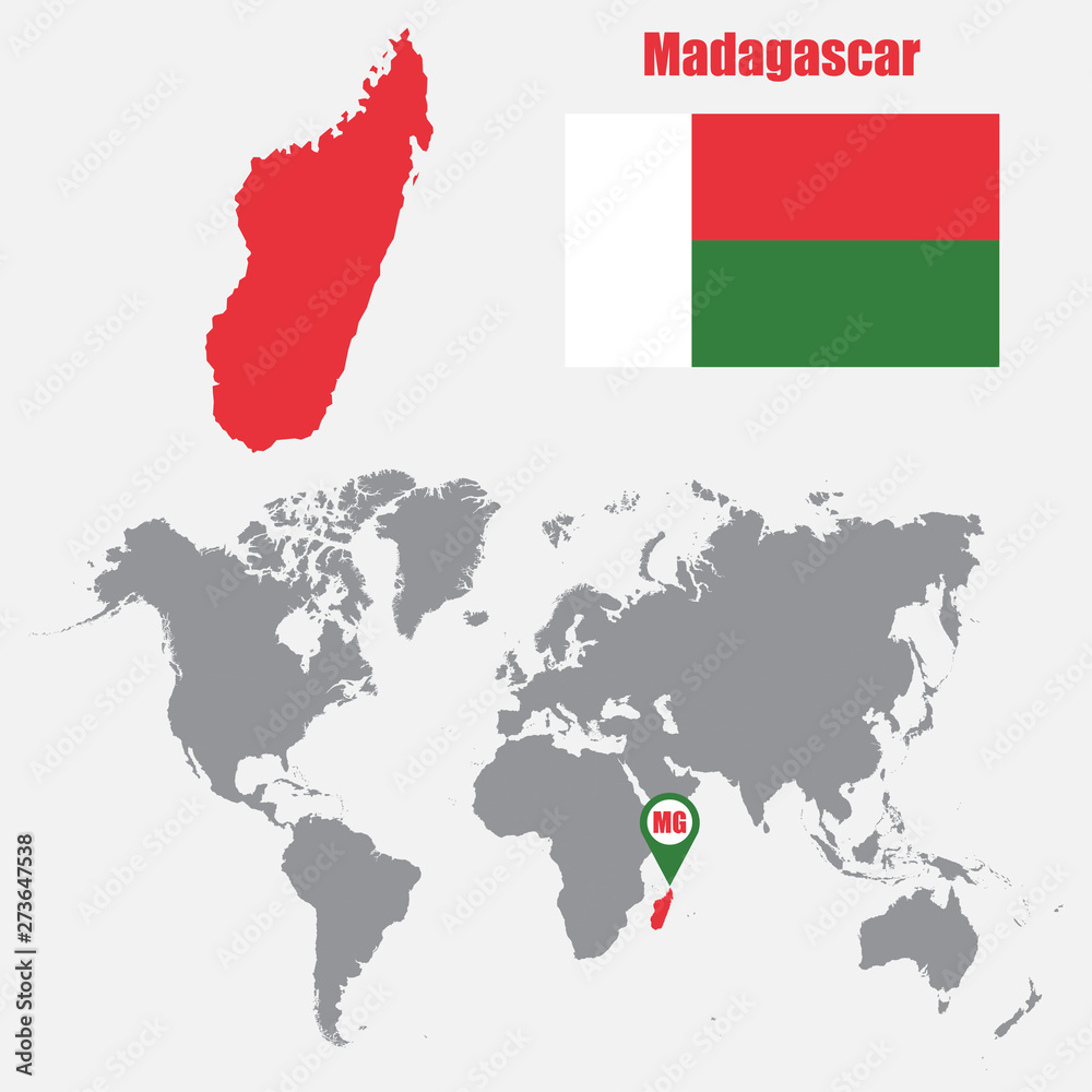 Aufkleber Madagascar map on a world map with flag and map pointer. Vector illustration