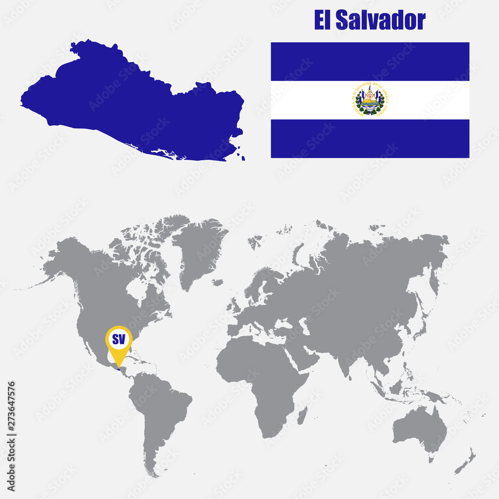 Poster El Salvador map on a world map with flag and map pointer. Vector illustration