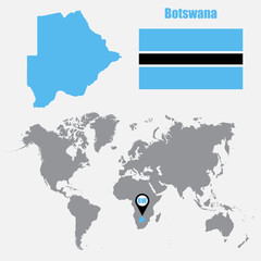 Botswana map on a world map with flag and map pointer. Vector illustration
