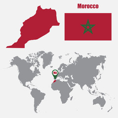 Morocco map on a world map with flag and map pointer. Vector illustration