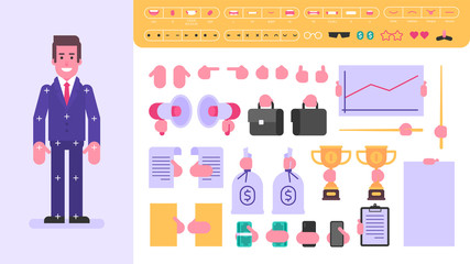 Businessman character for animation. Set of objects