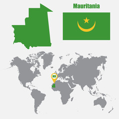 Mauritania map on a world map with flag and map pointer. Vector illustration