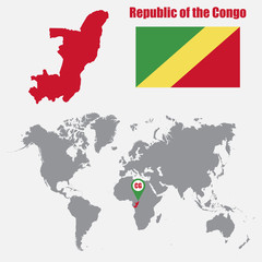 Republic of the Congo map on a world map with flag and map pointer. Vector illustration