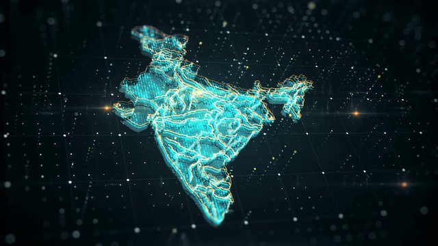 The futuristic high-tech video with a map of the India glowing in different colors while danger icon signs flash all over the country.