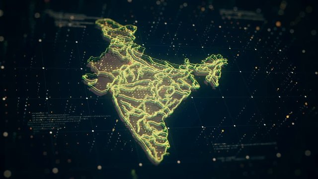 The futuristic high-tech video with a map of the India glowing in different colors while danger icon signs flash all over the country.