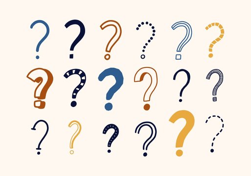 Bundle of doodle drawings of question marks. Set of interrogation points hand drawn with colorful contour lines on light background. Problem or trouble symbols. Decorative vector illustration.