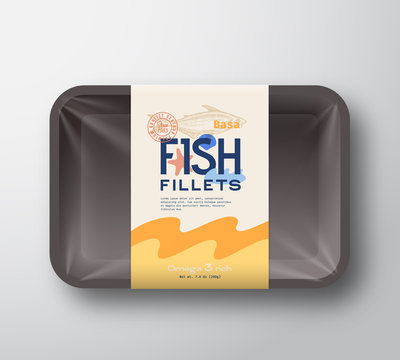 Fish Fillets Pack. Abstract Vector Fish Plastic Tray Container with Cellophane Cover. Packaging Design Label. Modern Typography Hand Drawn Pangasius Silhouette with Colorful Elements Layout.