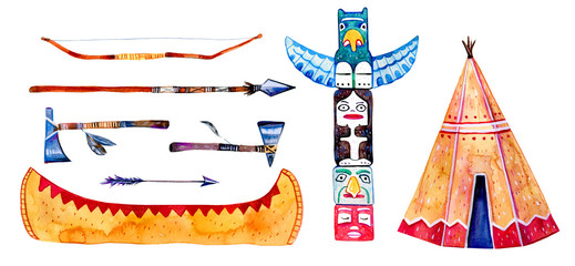 Native American indians traditional settlement objects. Wigwam, totem pole, canoe, weapons. Hand drawn watercolor illustration set © Alexandra