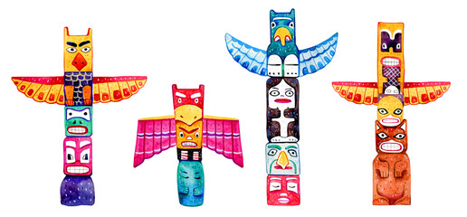 Fototapeta premium Native American traditional totem poles. Hand drawn watercolor illustration set. Group of four carved wooden figures