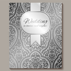 Wedding invitation card with silver shiny eastern and baroque rich foliage. Intricate Ornate islamic background for your design. Islam, Arabic, Indian, Dubai.