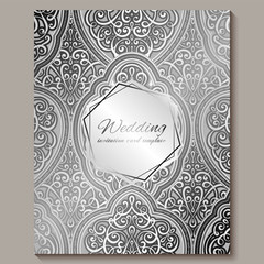 Wedding invitation card with silver shiny eastern and baroque rich foliage. Intricate Ornate islamic background for your design. Islam, Arabic, Indian, Dubai.