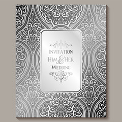 Wedding invitation card with silver shiny eastern and baroque rich foliage. Intricate Ornate islamic background for your design. Islam, Arabic, Indian, Dubai.