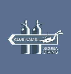 Skin-diver and diving cylinders. Scuba diving. Emblem, club logo on a gray background. The concept of sports diving, spear fishing. Design for thematic sites, shops, service centers.