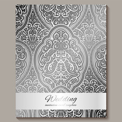 Wedding invitation card with silver shiny eastern and baroque rich foliage. Intricate Ornate islamic background for your design. Islam, Arabic, Indian, Dubai.