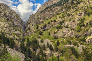 Fototapeta na wymiar Very nice valley in mountain Pyrenees of Spain (valley name is Vall de Nuria)