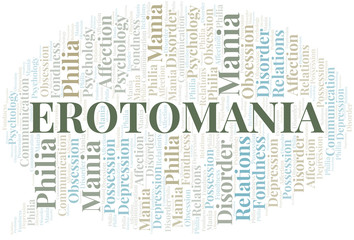 Erotomania word cloud. Type of mania, made with text only.