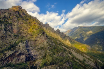 Fototapeta na wymiar Very nice valley in mountain Pyrenees of Spain (valley name is Vall de Nuria)