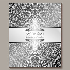 Wedding invitation card with silver shiny eastern and baroque rich foliage. Intricate Ornate islamic background for your design. Islam, Arabic, Indian, Dubai.