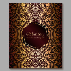 Wedding invitation card with gold shiny eastern and baroque rich foliage. Royal red Ornate islamic background for your design. Islam, Arabic, Indian, Dubai.