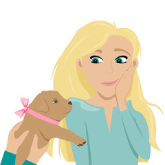 Happy and confused girl delighted for puppy. Puppy with a bow as a gift.