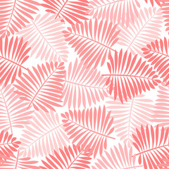 Tropical seamless pattern with coral palm leaves. Vector illustration