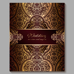 Wedding invitation card with gold shiny eastern and baroque rich foliage. Royal red Ornate islamic background for your design. Islam, Arabic, Indian, Dubai.