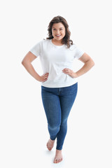 Plus size woman on white background. Concept of body positive