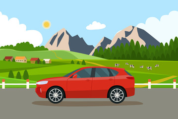 Fototapeta na wymiar Car on the background summer landscape with village and herd of cows on the field. Vector flat style illustration.