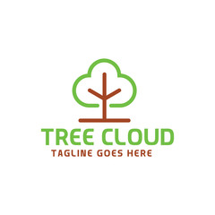 Tree Cloud Logo Design With Line Style. Green Eco Logotype. Digital Element And Natural Emblem For Company. Ecology Icon For Business. Creative And Modern Graphic Idea.