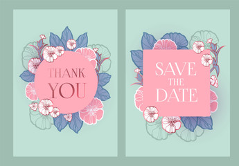 Flower Card or Cover Set. Wedding, Anniversary, Birthday Invitation. Thank You Banner. Art Nouveau Design.