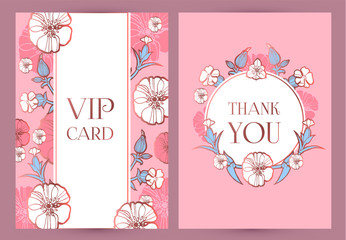 Flower Card or Cover Set. Wedding, Anniversary, Birthday Invitation. Thank You Banner. Art Nouveau Design.