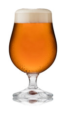 A refreshing glass of traditional ale, in a schooner glass, with condensation