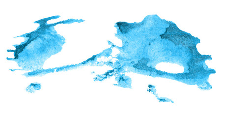 Obraz premium Bright blue watercolor paint brush stroke splatter stain shape element isolated on white background abstract painted ink splash drop blob with grunge mottled texture and grainy textured effect pattern