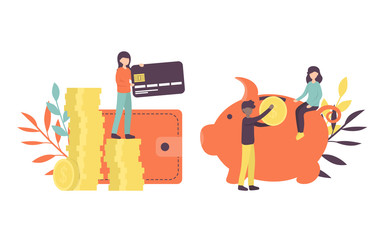 Piggy bank, investment, savings, income, money management. Concept vector illustration for banking, financial services. Small people saving and accumulating money. Flat vector illustration.