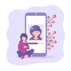 Girl with mobile phone ,female face on smartphone screen, face id concept background, personality recognition, identification. Flat vector illustration.