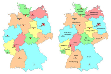Set of colorful detailed maps of Germany with names of federal states and their capitals on white background