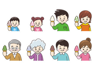 ソフトクリームを食べる人々