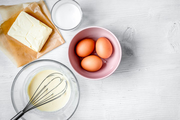 cooking pancake on white background top view ingredients for making