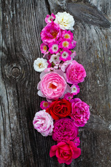 pink,red, violet and white roses on wooden surface