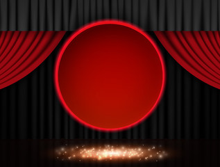 Background with red round banner on theatre curtain