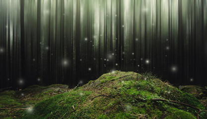fantasy forest landscape with magical sparkles floating above moss covered ground